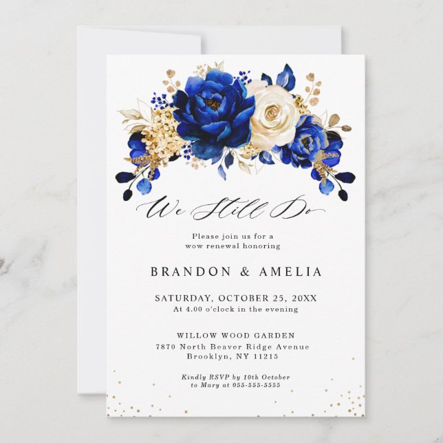 Royal Blue Yellow Gold Metallic We still do Invitation (Front)