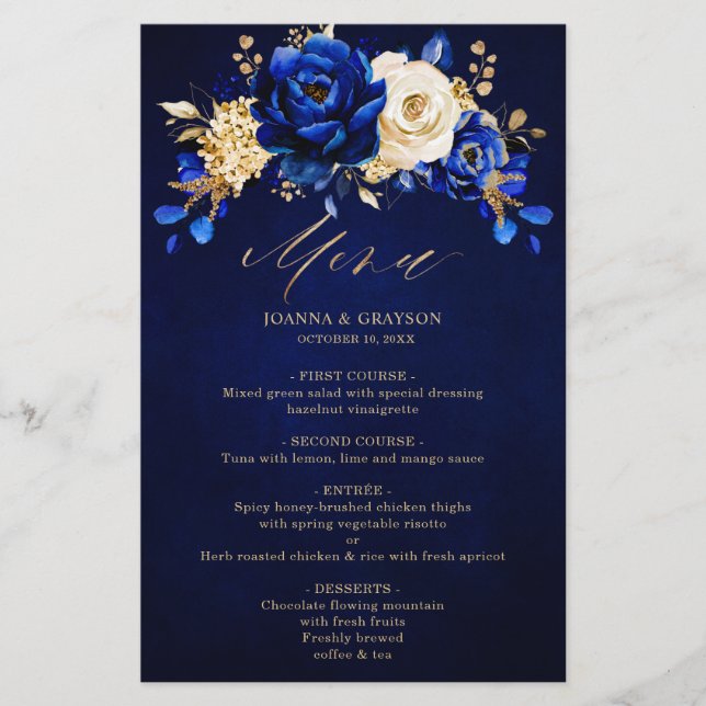 Royal Blue Yellow Gold Metallic Wedding Menu (Front)