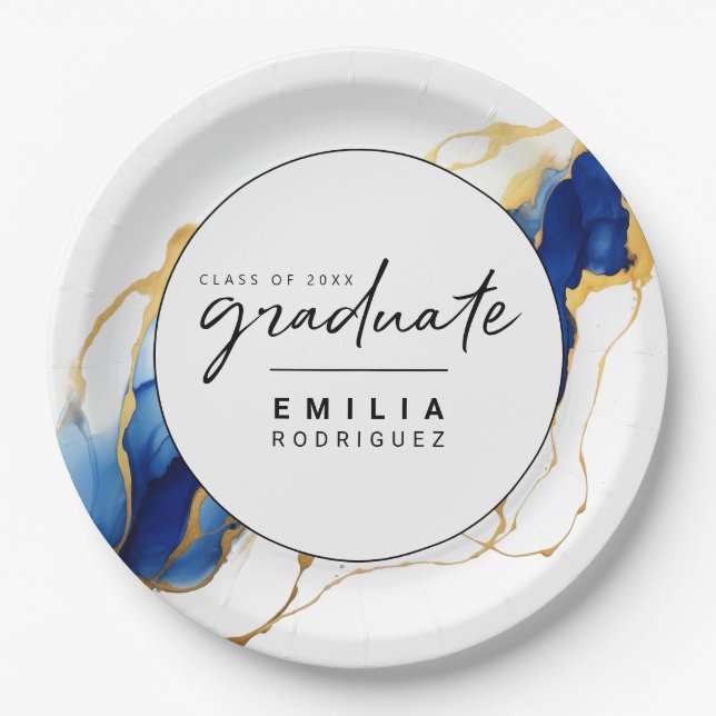 Royal Blue Yellow Gold Minimalist Graduation  Paper Plate (Front)