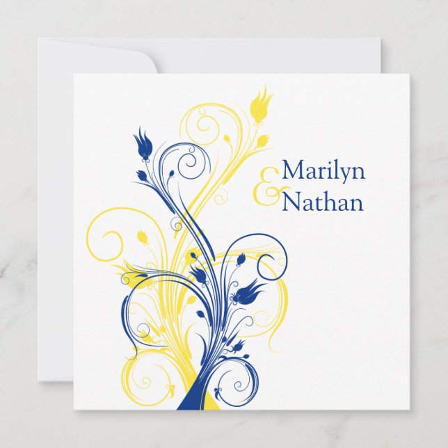 Royal Blue, Yellow, White Floral Wedding Invite (Front)
