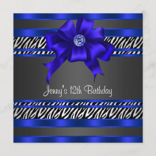 Royal Blue Zebra Girls 12th Birthday Party Invitation