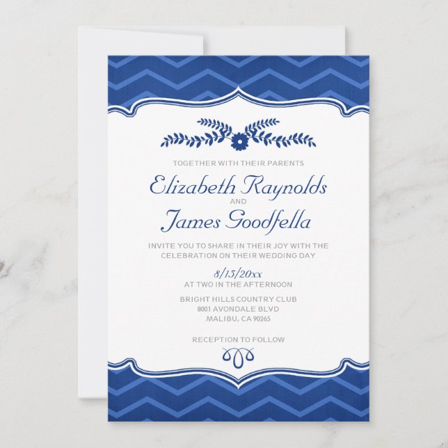 Royal Blue Zigzag Wedding Invitations (Front)