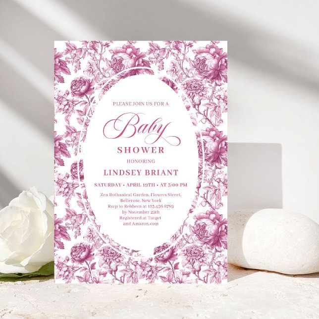 Royal Blush Rose Pattern Toile Baby Shower Invite (Royal Blush Rose Pattern Toile Baby Shower Invitation)