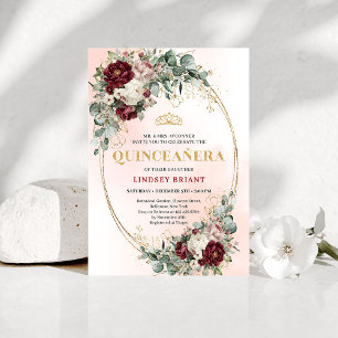 Royal Boho Burgundy Peonies Eucalyptus Quinceañera Invitation