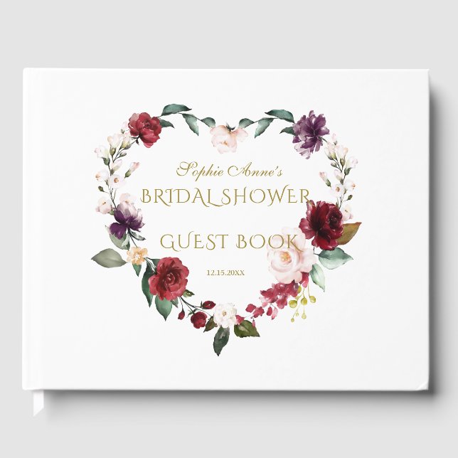 Royal Burgundy Blush Flowers Navy Bridal Shower Guest Book (Front)