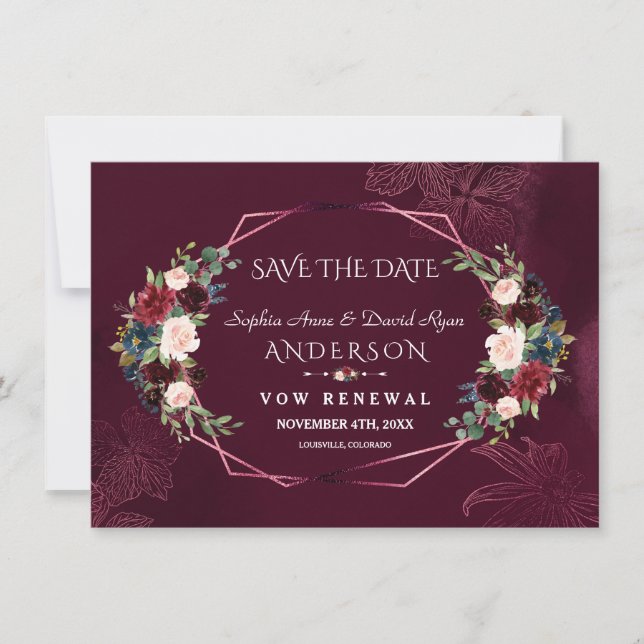 Royal Burgundy Floral Renew The Vows Save The Date (Front)