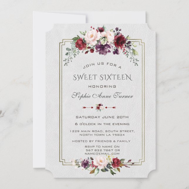 Royal Burgundy Flowers Gold Frame Sweet Sixteen Invitation (Front)