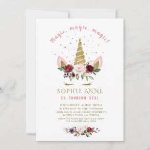 Royal Burgundy Flowers Gold Unicorn Birthday Invitation