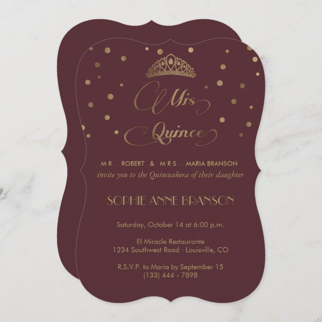 Royal Burgundy Gold Mis Quince Script Quinceañera Invitation (Front/Back)