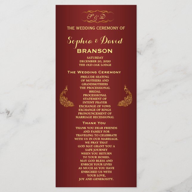Royal Burgundy Gold Peacock Wedding Program Custom Programme (Front)