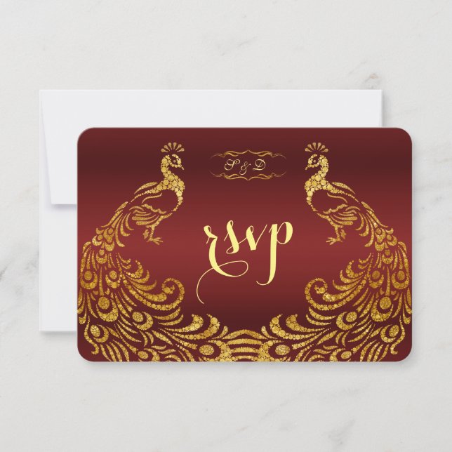 Royal Burgundy Gold Peacock Wedding RSVP Card (Front)