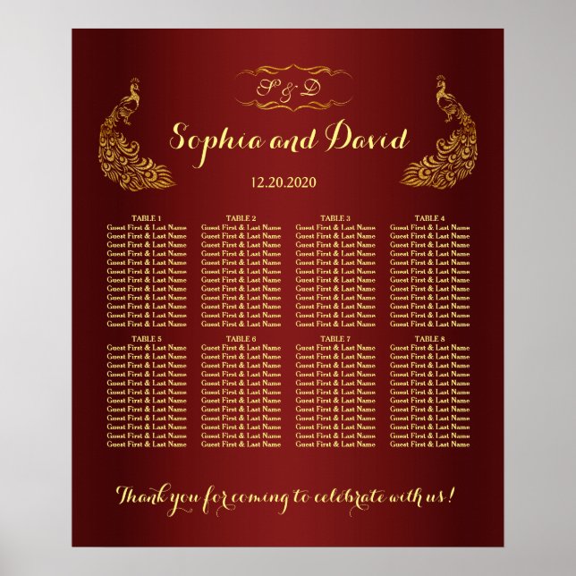 Royal Burgundy Gold Peacock Wedding Seating Chart (Front)