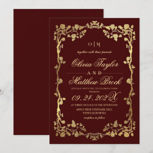 Royal Burgundy Gold Rose Flowers The Wedding of Invitation
