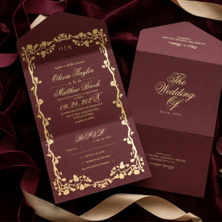 Royal Burgundy Gold Rose Wedding All In One Invitation