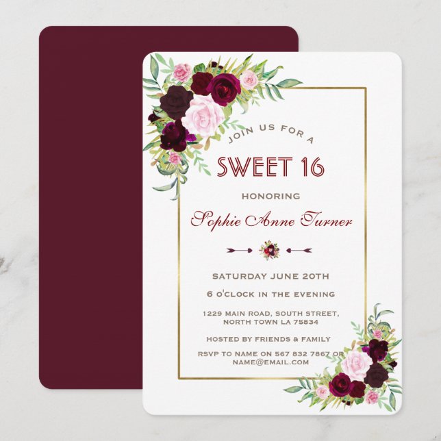Royal Burgundy Marsala Floral Gold Sweet 16 Invitation (Front/Back)