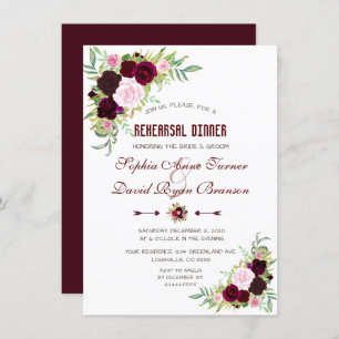 Royal Burgundy Marsala Floral Rehearsal Dinner Invitation