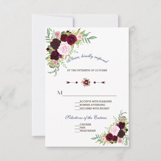 Royal Burgundy Marsala Floral Wedding RSVP Card (Front)