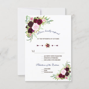 Royal Burgundy Marsala Floral Wedding RSVP Card