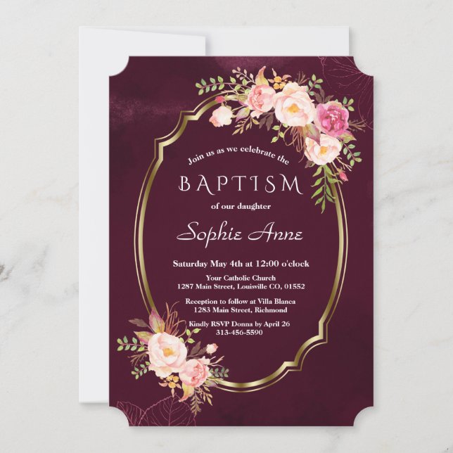Royal Burgundy Pink Floral Gold Frame Girl Baptism Invitation (Front)