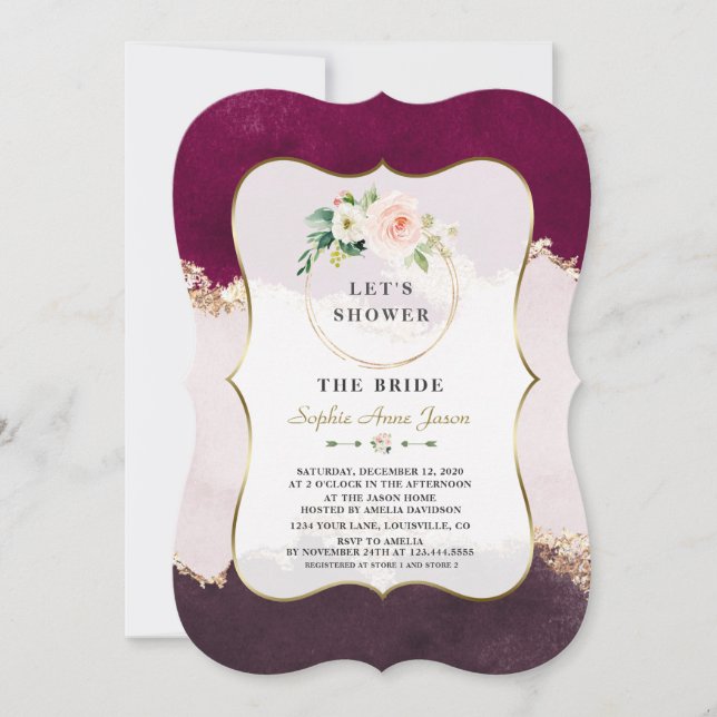 Royal Burgundy Pink Flowers Gold Bridal Shower Invitation (Front)