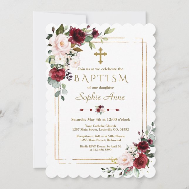 Royal Burgundy Pink Flowers Gold Cross Baptism Invitation (Front)