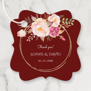 Royal Burgundy Pink Flowers Gold Frame Wedding Favour Tags