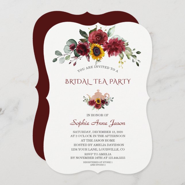 Royal Burgundy Sunflower Bridal Tea Party Invitation (Front/Back)