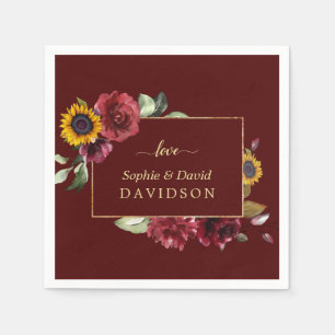 Royal Burgundy Sunflower Gold Wedding Napkin