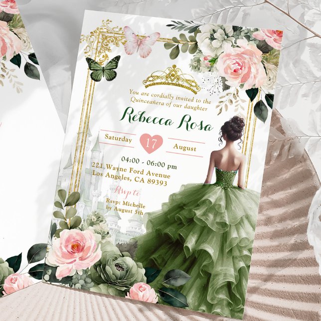Royal Castle Blush Pink Sage Green Quinceañera Invitation (Creator Uploaded)