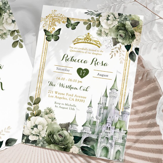 Royal Castle Crown Sage Green Royal Quinceañera Invitation (Creator Uploaded)