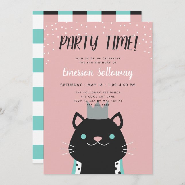 Royal Cat Pink Kids Birthday Party Invitation (Front/Back)
