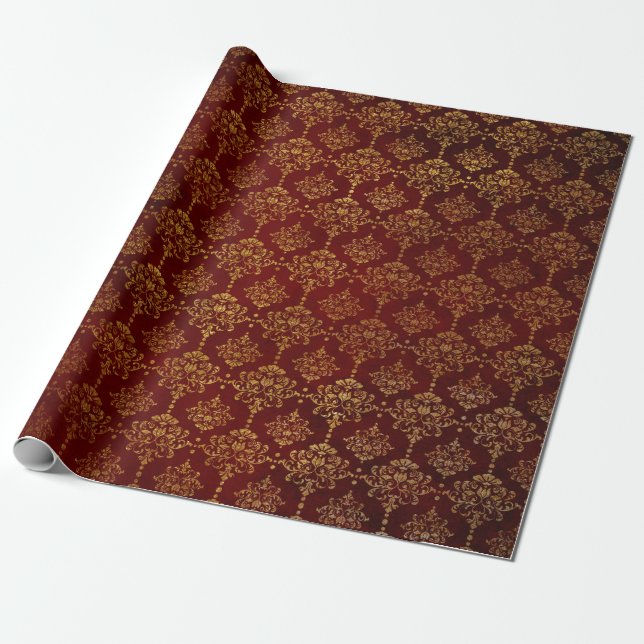 Royal Chic Golden Red Velvet Damask Red Carpet Wrapping Paper (Unrolled)