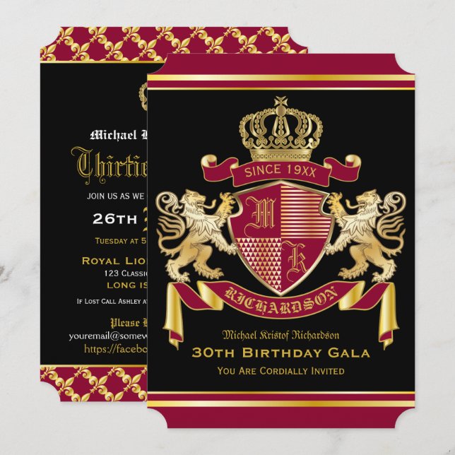 Royal Coat of Arms Red Gold Lion Emblem Birthday Invitation (Front/Back)