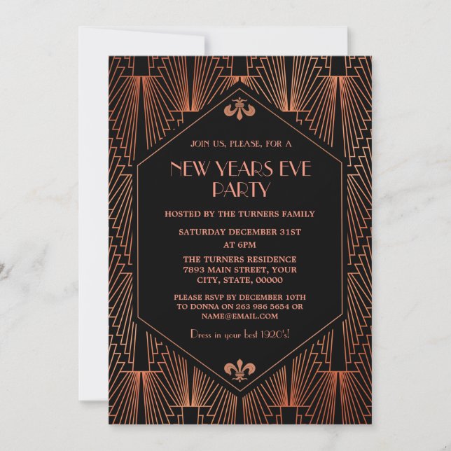 Royal Copp Black Great Gatsby 1920s New Year Party Invitation (Front)