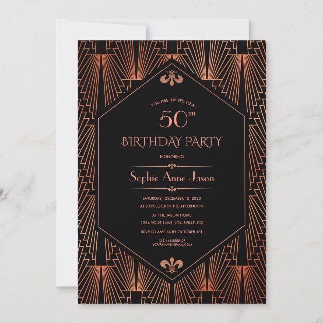 Royal Copper Black Great Gatsby 20s Birthday Party Invitation (Front)
