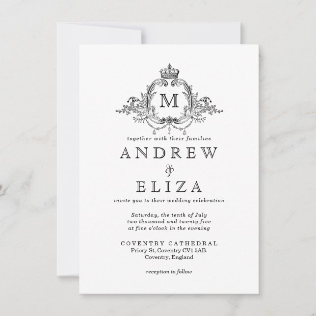 Royal Crest Elegant Wreath Monogram Wedding Invitation (Front)
