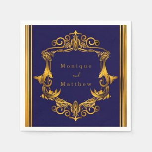 Royal Crown Blue and Gold Flourish Wedding  Napkin