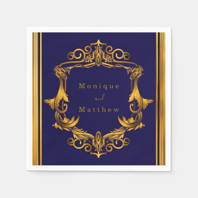 Royal Crown Blue and Gold Flourish Wedding  Napkin (Front)