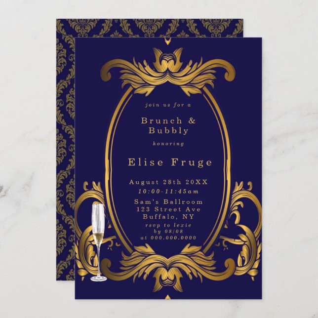 Royal Crown Blue Gold Flourishes Brunch & Bubbly Invitation (Front/Back)