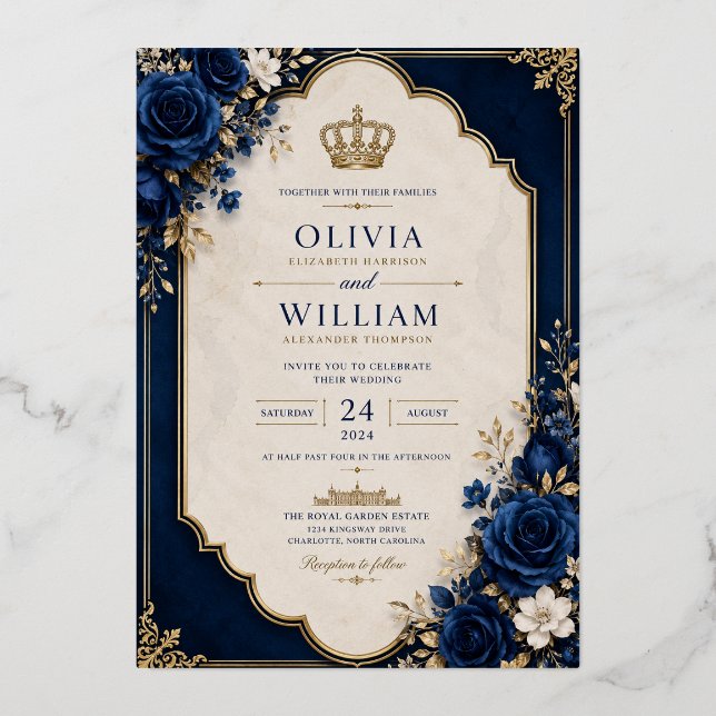 Royal Crown Blue Wedding Invitation (Front)