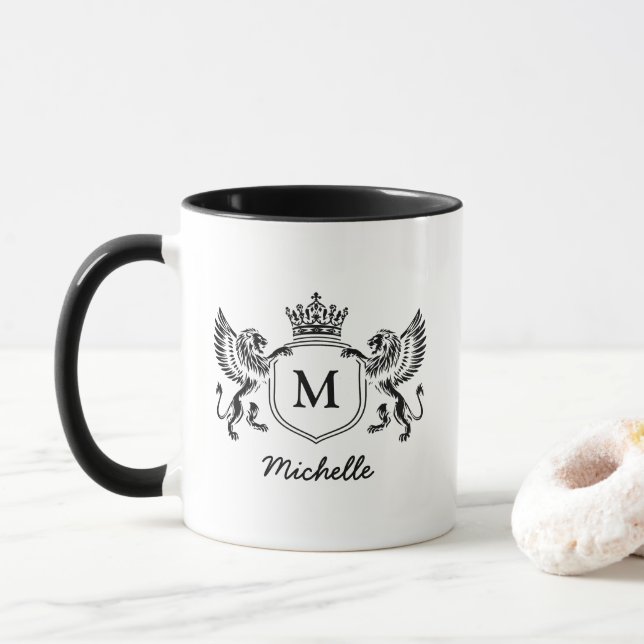 Royal Crown Emblem Lions Monogram Script Name      Mug (With Donut)