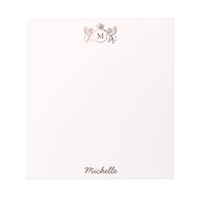Royal Crown Emblem Lions Monogram Script Rose Gold Notepad (Front)