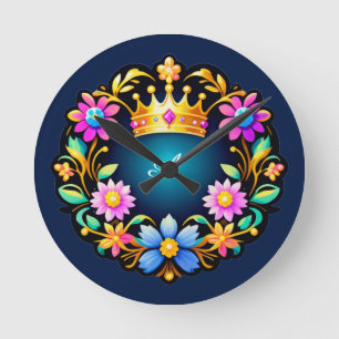 Royal Crown Floral Frame Round Clock