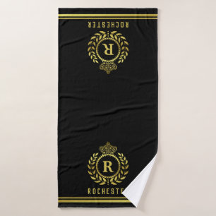 Royal Crown Laurel Wreath Black Gold Monogrammed Bath Towel Set