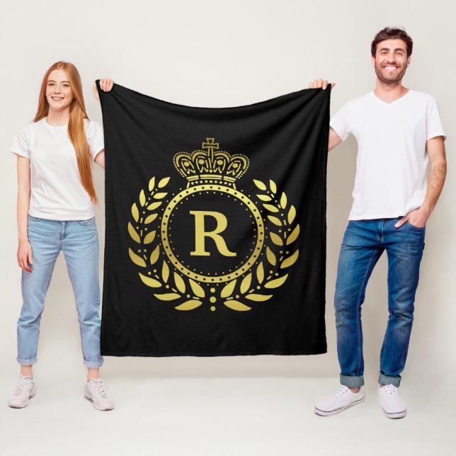Royal Crown Laurel Wreath Black Gold Monogrammed Fleece Blanket (In Situ)