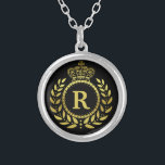 Royal Crown Laurel Wreath Black Gold Monogrammed Silver Plated Necklace<br><div class="desc">Designed in black and faux gold,  this royalty-inspired design includes an elegant laurel wreath and crown motif in Art Deco style. Your personalised monogram letter fills the centre. Use the easy template to add your text.</div>