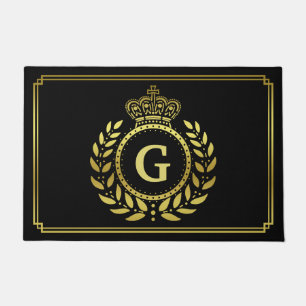 Royal Crown Laurel Wreath Monogrammed Black Gold Doormat