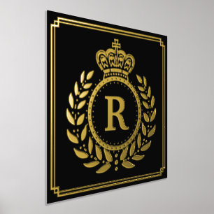 Royal Crown Laurel Wreath Monogrammed Black Gold Foil Prints