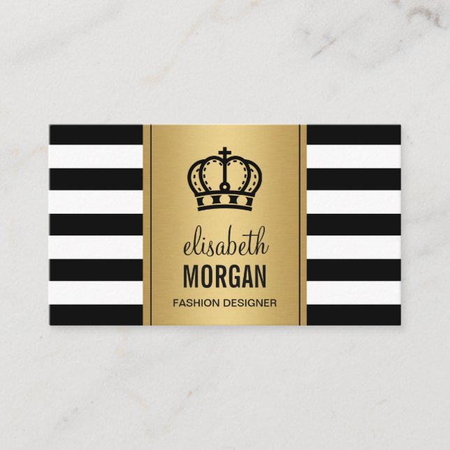 Royal Crown Logo Elegant Gold Black White Stripes Business Card (Front)