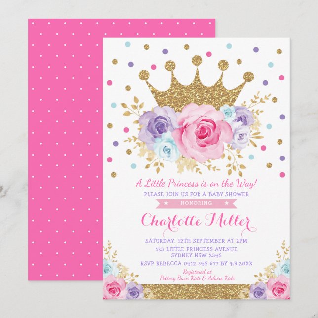 Royal Crown Princes Pink Purple Floral Baby Shower Invitation (Front/Back)
